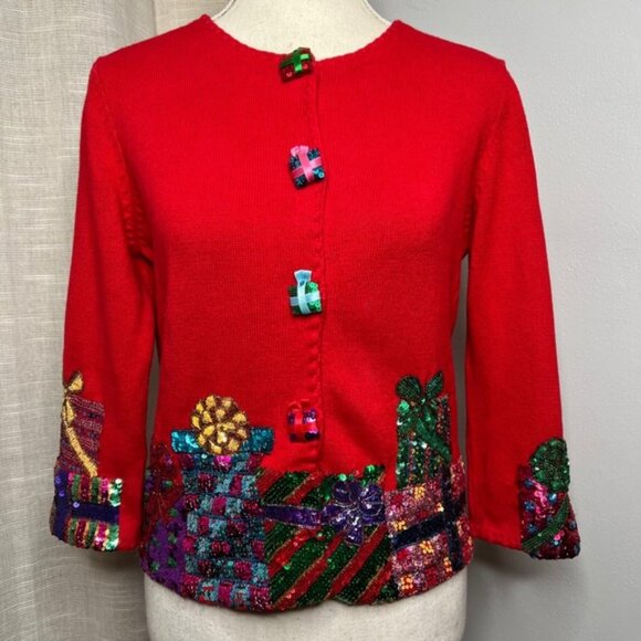 Vintage Y2K Michael Simon Christmas Sweater Sequin Presents Holiday Red SMALL - Picture 1 of 13